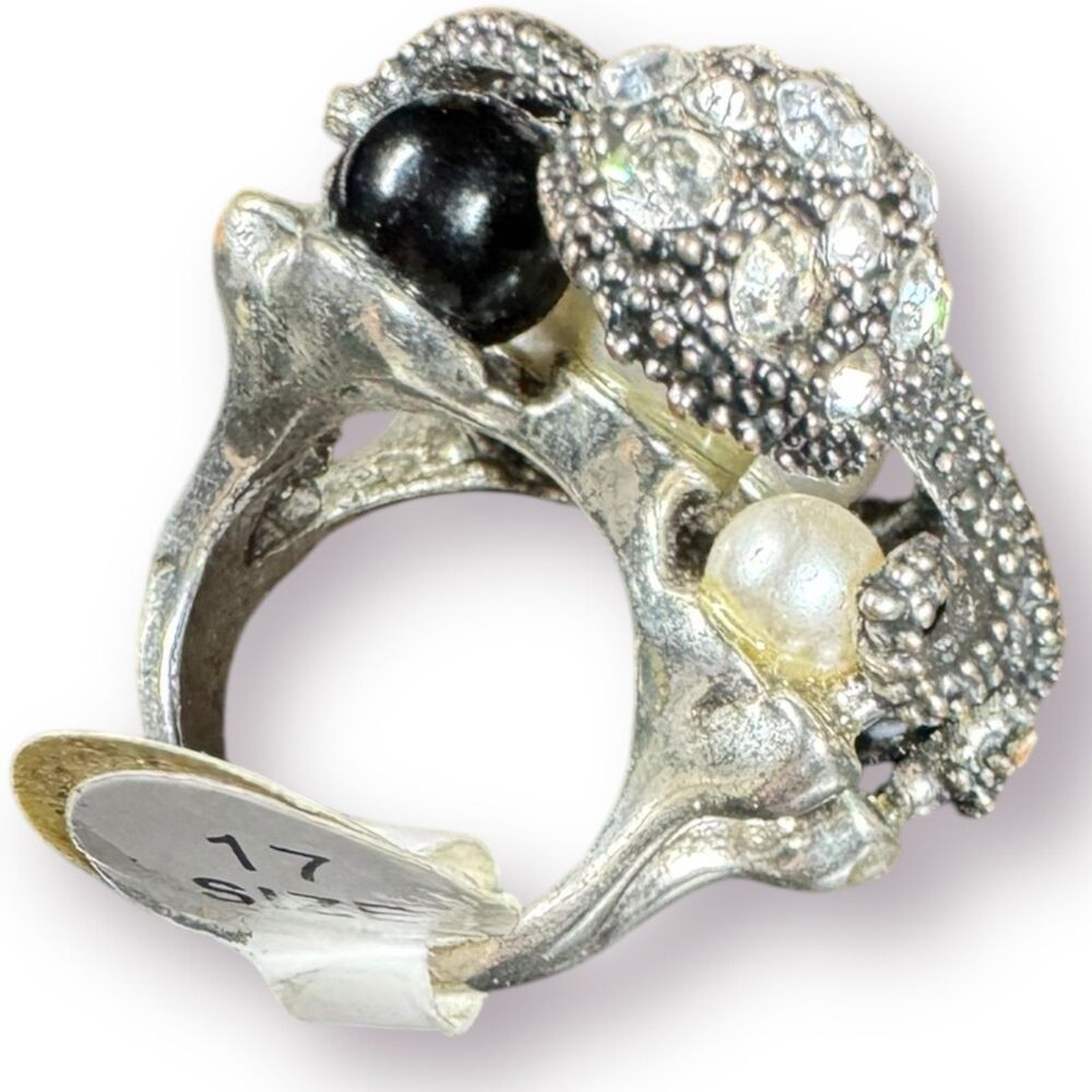 Silver Octopus Multi Color Pearl Ring Vintage Size 17 Retro Rhinestone Gothcore‎ - Picture 3 of 8